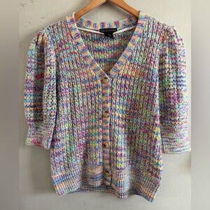 Design365 multicolor knit puff sleeve button down 3/4 sleeve sweater size small